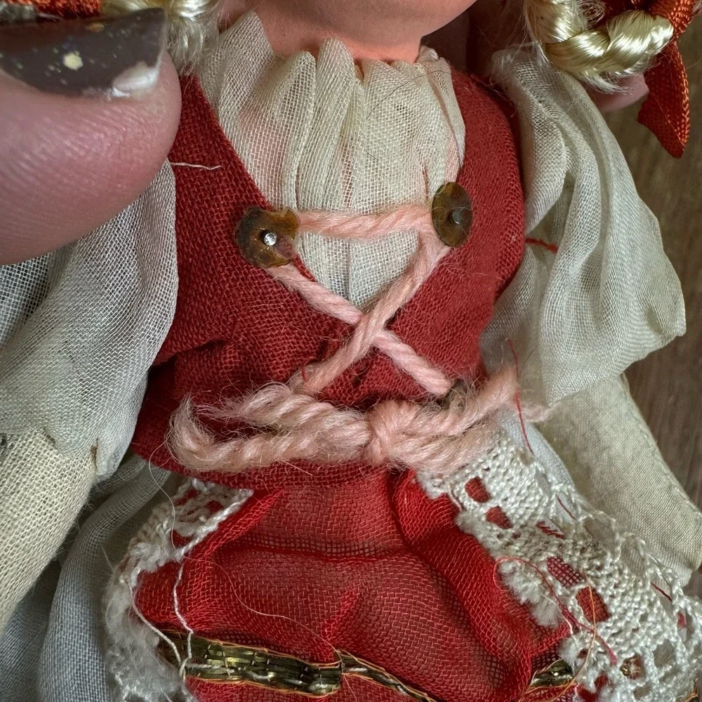 Vintage Antique Celluloid Cloth Straw Stuffed European Folk Art Style Doll‎